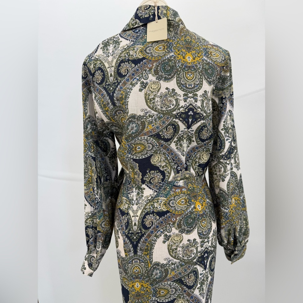 Magaschoni Sophisticated Paisley Belted Wrap Dress – Navy Gold Long Sleeve Midi - Picture 5 of 17